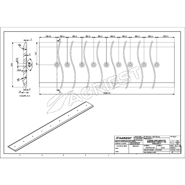 Contre Lame 254X19 LG 2500 500HB 9 TRS pour VIS TFØ14 EA 287,5 référence fournisseur 451196